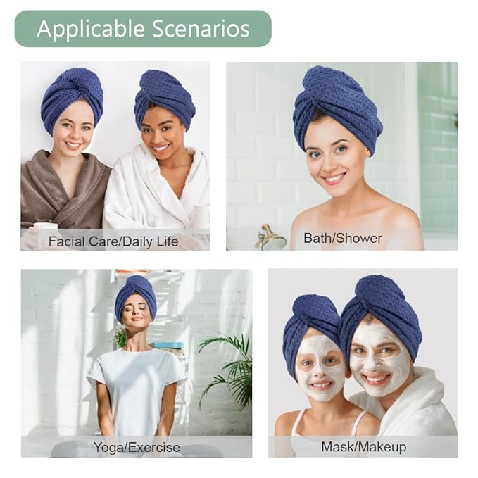 Dolwis Microfiber Hair Drying Towel - 2Packs Waffle Long Hair Head Turban Wraps Terry Cloth Fast Absorbent Dry Anti Frizz Twist Plopping Curly Shower Turban for Women Wet Hair (Dark Blue)
