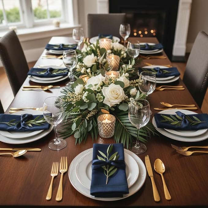 Signature Linen™ by D'Moksha Navy Blue Dinner Napkins Set of 4, 20 x 20 Inch Cloth Napkins, 100% Pure Linen, Hemstitch, Machine Washable Table Napkins- Summer, Father's & Independence Day