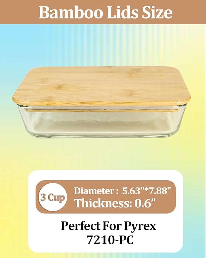 Replacement Wooden Lids for Pyrex, Anchor Hocking Glass Containers, Bamboo Lids for Pyrex Glass Bowls, Bowl Covers with Leakproof Silicone Gasket Rectangler 3 Cup *4/7210-PC*4