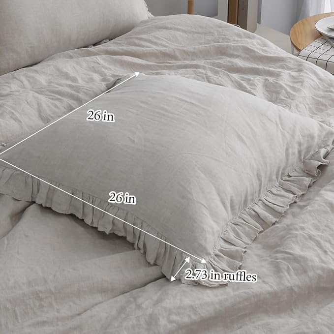 Simple&Opulence 100% Linen Euro Sham Covers with Ruffle, 26x26 Inch Pillow Covers Set of 2, Euro Pillow Shams for Bed Couch French Home Decor Luxury and Breathable Square Pillow Cases, Light Grey