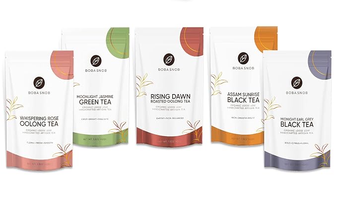 Premium DIY Boba Tea Kit - 5 Organic Teas - 32 oz Boba - 2 Stainless Steel Straws - Teaspoon - Reusable Bubble Cup & Brown Sugar Non-Dairy Creamer To Make The Perfect Bubble Tea Drink At Home!