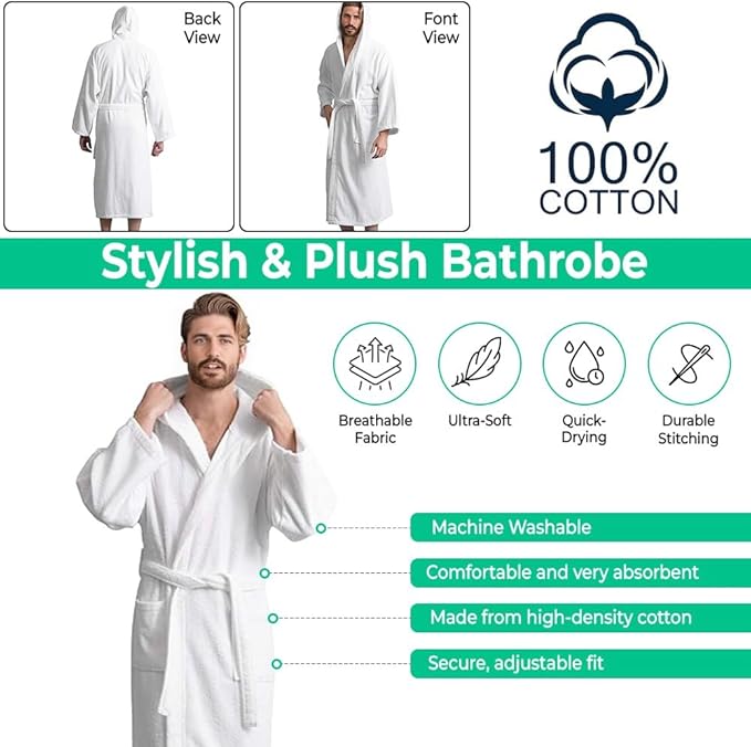 Men’s Hooded Bathrobe, 100% Cotton Terry Bathrobe, Spa Style Bath Robe, Absorbent Shower Robe, Lightweight Towel Bathrobes