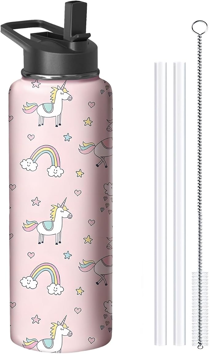 40oz Pink Unicorn Water Bottle with Handle and Flip Straw, Animal Sports Stainless Steel Insulated Cup Travel Coffee Mug Tumbler, Birthday Mothers Day Chritmas Gifts for Women