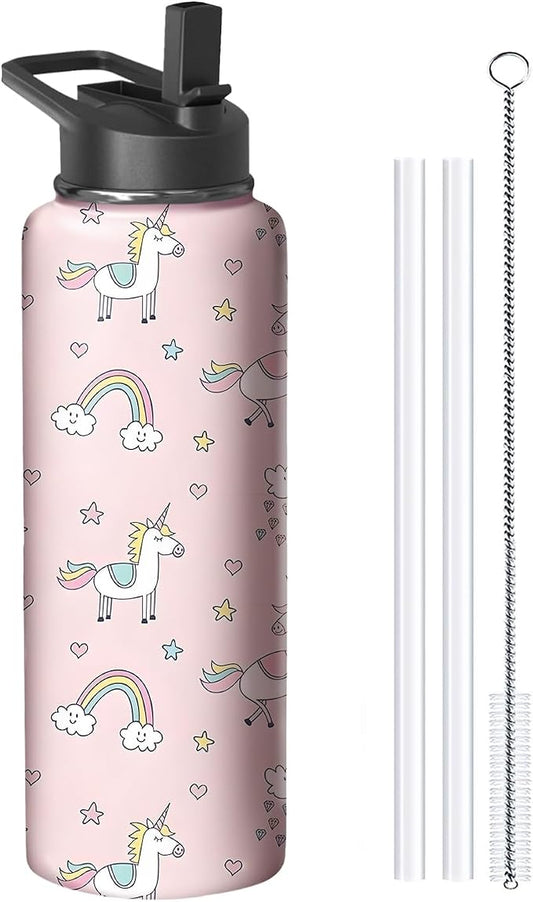 40oz Pink Unicorn Water Bottle with Handle and Flip Straw, Animal Sports Stainless Steel Insulated Cup Travel Coffee Mug Tumbler, Birthday Mothers Day Chritmas Gifts for Women