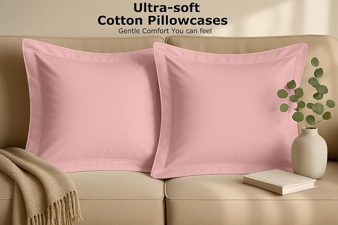 2 Pack Euro Pillow Shams 26x26 – 600 Thread Count 100% Organic Cotton Pink Square Pillow Covers with 2 Inch Flange, Soft & Smooth Premium Hotel-Quality Pillowcases Set of 2
