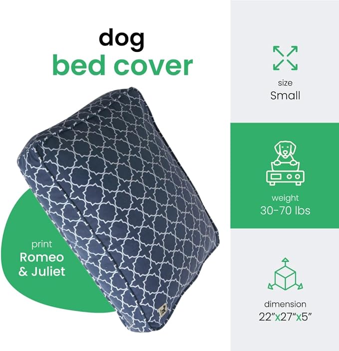 Molly Mutt Small Dog Bed Cover - Romeo & Juliet Print - Measures 22”x27”x5’’ - 100% Cotton - Durable - Breathable - Sustainable - Machine Washable Dog Bed Cover
