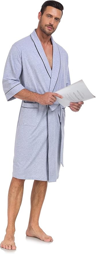 COLORFULLEAF 100% Cotton Men’s Summer Bathrobe Lightweight & Breathable Short Sleeve Kimono Robe with Pockets