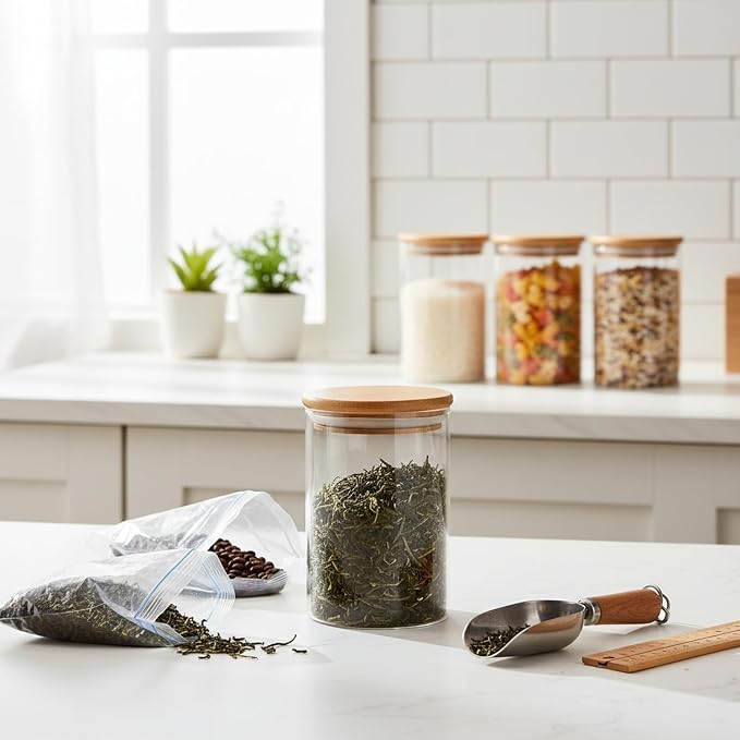 Borosilicate Glass Storage Jars with Bamboo Lids, Clear Kitchen Canisters for Pantry Organization of Dry Goods, Coffee, Tea, and Grains