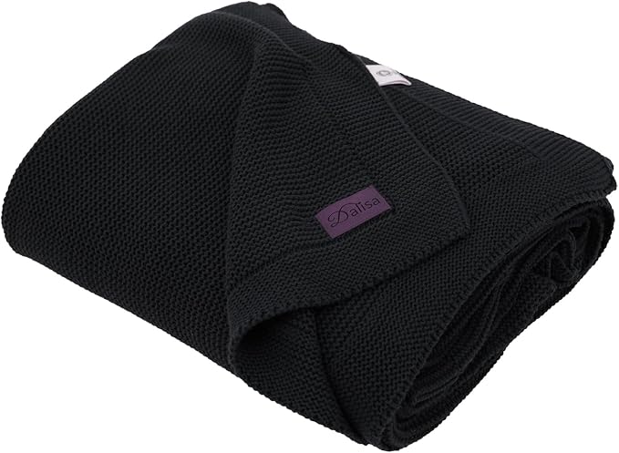 Dalisa 100% Organic Turkish Cotton Throw Blanket - GOTS Certified, Cozy - Perfect for Couch, Bed, and Home Decor - Boho Vintage Knit Alina (Black, 60x80)