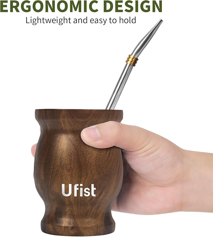 8.4oz Classic Argentina Yerba Mate Cup and Bombilla Set, Includes Stainless Steel Mate Gourd, 2pcs Bombilla Straws and Clean Brush (Wood Grain)