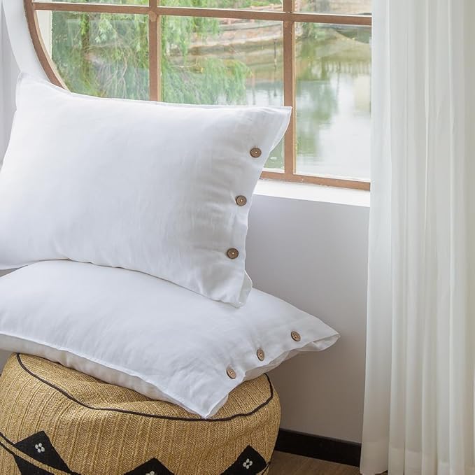 EVERLY 100% Linen Pillowcases Set of 2, French Linen from Normandy, 20X36Inch Standard Size, Natural Color, Coconut Buttons Closure, Flax Pillowshams-Pillowcase-White