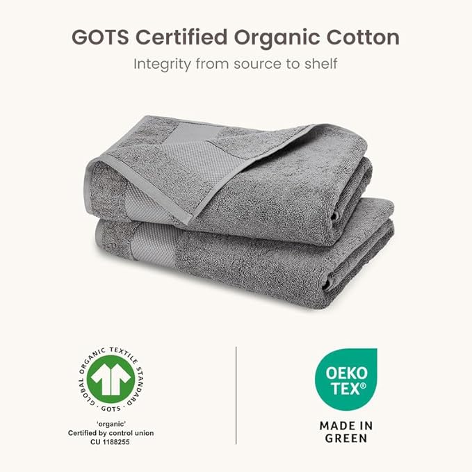 BIOWEAVES 100% Organic Cotton 700 GSM Plush Bath Towels 30" x 58" GOTS Certified - Light Grey, Pack of 2