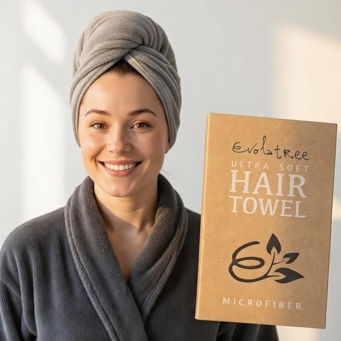 Evolatree Ultra Soft Microfiber Hair Towel Wrap with Wooden Button – Quick-Dry Anti-Frizz Turban for Women, Thoughtfully Designed for Mindful Hair Care – Gray
