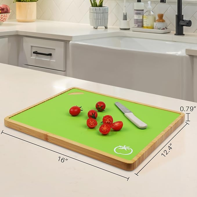 Bamboo Cutting Board set with 6 Pieces Flexible BPA free Plastic Colored Cutting mats for Meat and Vegetables, Durable 2-in-1 Serving Tray and Cutting Board for Kitchen