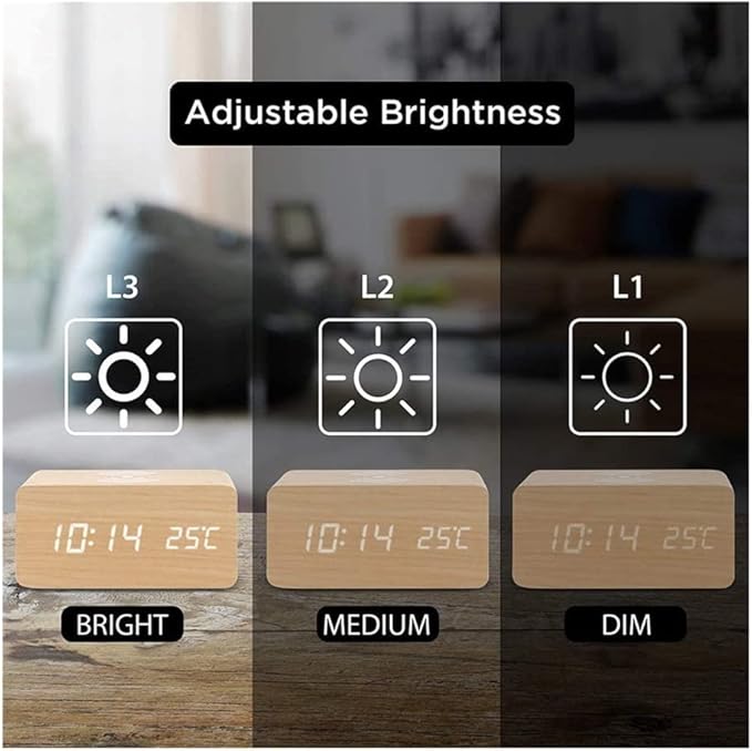 Digital Alarm Clock LED Wood Clocks,Temperature Display/Voice-Activated/Date/12/24 Hours,3 Alarms for Bedroom Office,Bamboo(Black)
