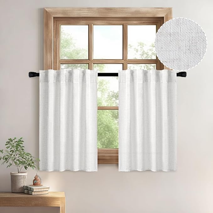 MIULEE White Curtains 30 Inch Length 2 Panels, Soft Thick Linen Textured Semi Sheer Light Filtering Kitchen Window Curtains Over Sink Small Tier Curtains for Bathroom Window Back Tab Rod Pocket