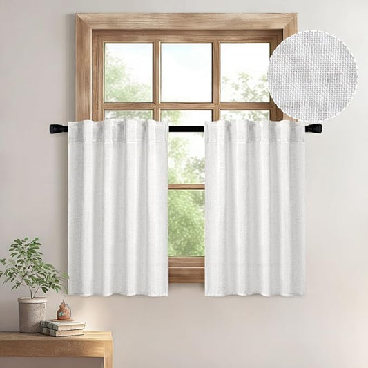 MIULEE White Curtains 30 Inch Length 2 Panels, Soft Thick Linen Textured Semi Sheer Light Filtering Kitchen Window Curtains Over Sink Small Tier Curtains for Bathroom Window Back Tab Rod Pocket