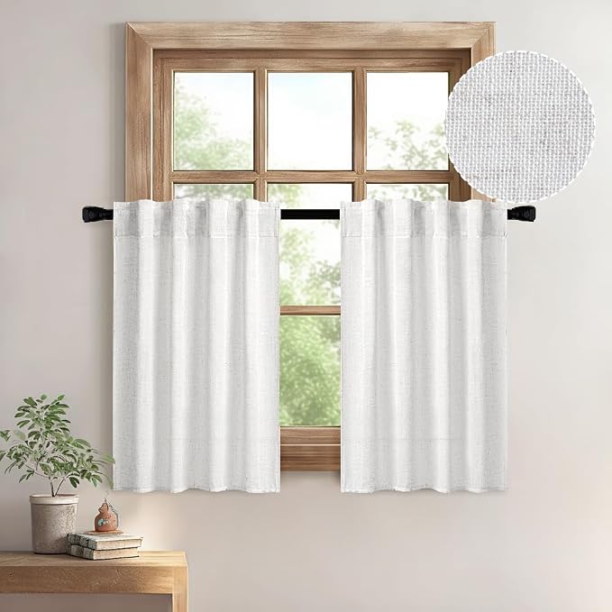 MIULEE White Curtains 24 Inch Length 2 Panels, Soft Thick Linen Textured Semi Sheer Light Filtering Kitchen Window Curtains Over Sink Small Tier Curtains for Bathroom Window Back Tab Rod Pocket