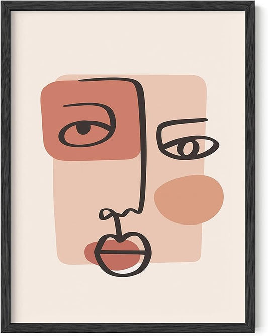 Abstract Face Wall Art Continuous Line Drawing Organic Shapes Earth Tones Terracotta Mid Century Modern 12x16 Inch Oak Wood Black Framed Minimalist Portrait for Bedroom Decor