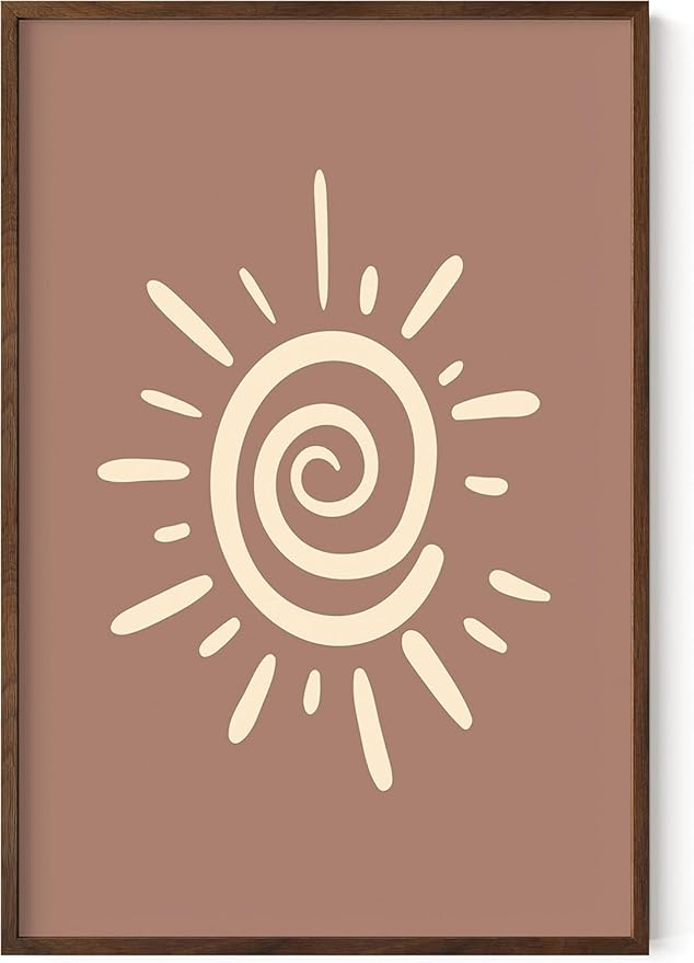 Abstract Spiral Sun Wall Art Swirl Sunburst Print Earth Tones Terracotta Tan Mid Century Modern 24x36 Inch Oak Wood Walnut Framed Tribal Boho Decor for Living Room