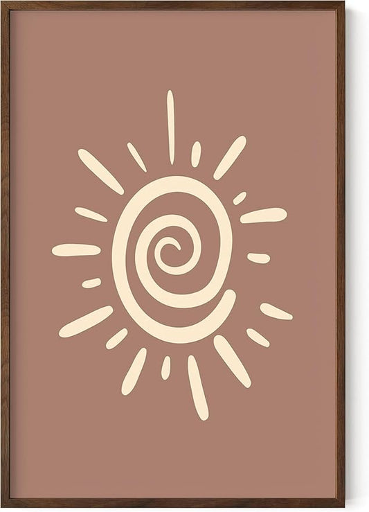 Abstract Spiral Sun Wall Art Swirl Sunburst Print Earth Tones Terracotta Tan Mid Century Modern 24x36 Inch Oak Wood Walnut Framed Tribal Boho Decor for Living Room