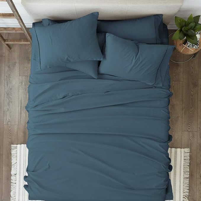 100% Organic Cotton Bed Sheets 800-Thread-Count, 16-Inch Deep-Pocket, Luxury Breathable Crisp 4-Piece Bed Sheet Set (1 Flat Sheet, 1 Fitted Sheet, 2 Pillowcases) - Queen, Mediterranean Blue