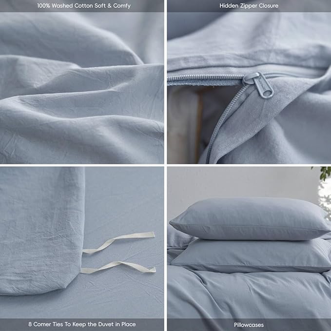 MooMee Duvet Cover Set, 100% Washed Cotton Linen Like Twill Thick Sturdy Material Super Soft Breathable Durable Bedding for All Season, 3 Pieces (Cornflower Blue, Oversized Queen 98"x98")