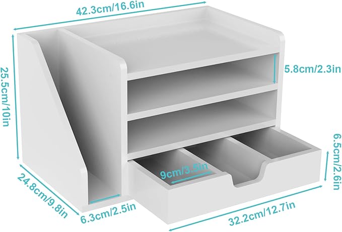 Multi-Tier Wood Desk File Organizer with Side File Rack, 3 Tray Shelves & Adjustable Drawer - Space-Efficient Design Easy to Assemble for Efficient Office Setup, Reduces Desk Clutter (White)