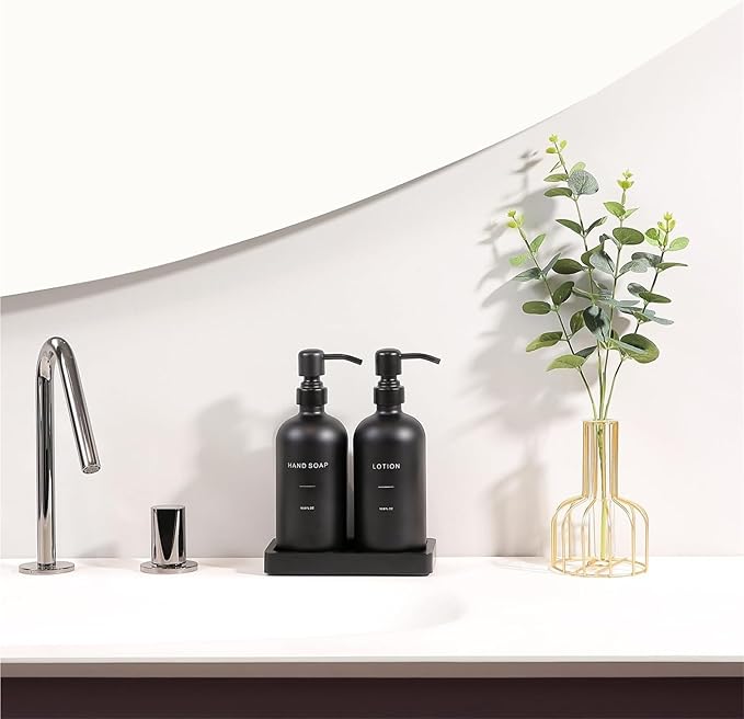 Liquid Dispenser Soap Dispenser Set Glass with Stainless Steel Pump Countertop Soap Bottle(Black Pump+Black Bottle)