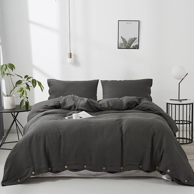 Simple&Opulence 100% Linen Duvet Cover Set 3pcs with Coconut Button Closure Natural French Washed Flax Solid Color Soft Breathable Farmhouse Bedding - Dark Grey, Full Size