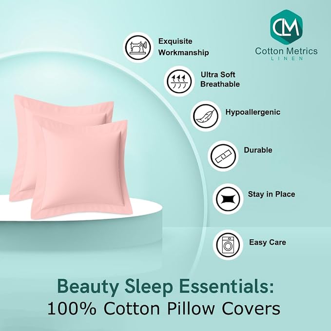 2 Pack Euro Pillow Shams 22x22 – 600 Thread Count 100% Organic Cotton Pink Square Pillow Covers with 2 Inch Flange, Soft & Smooth Premium Hotel-Quality Pillowcases Set of 2