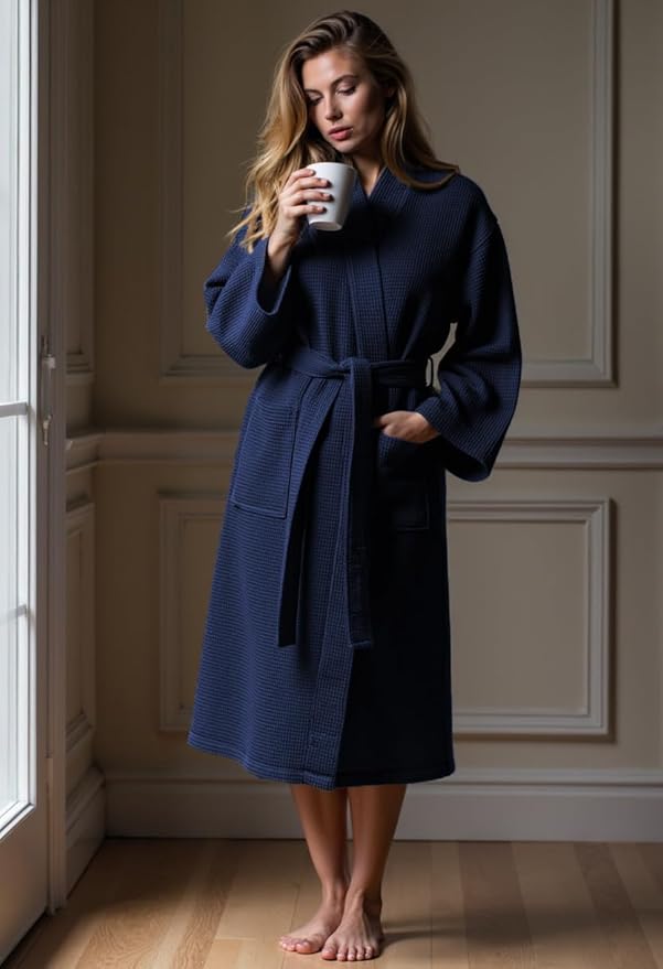 Turquaz Lightweight Waffle Knit Kimono Bathrobe - Soft Cotton Blend Spa Robe, Fast-Drying Full-Length Unisex Robes for Women