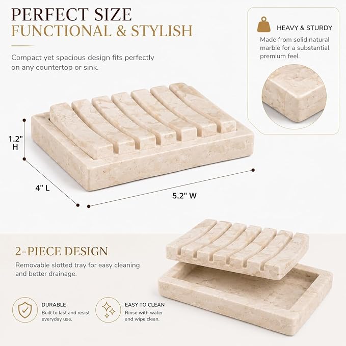 Creative Home 2-Piece Natural Champagne Marble Soap Dish Set with Elevated Slotted Tray, Luxury Bathroom Soap Holder for Vanity, Kitchen Sink & Spa Countertop