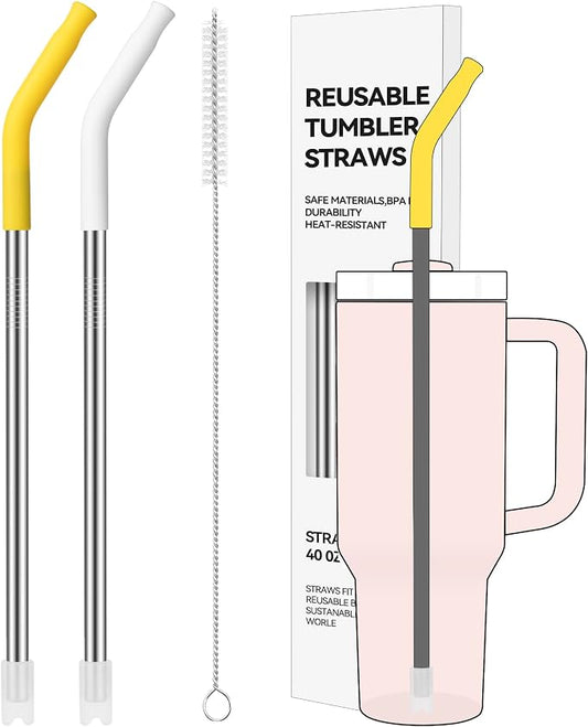 2 PCS 40oz Metal Straws for Stanley 40oz Cup & 64oz Jugs | Extra-Long Stainless Steel Straws with Removable Silicone Tips, Fits Large Tumblers & Oversized Mugs