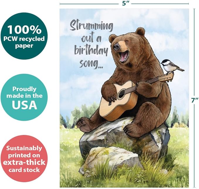Tree-Free Greetings Bear Guitar Birthday Card - 1 Recycled 5x7 Card & Matching Envelope, Thick Cardstock, Made in USA - Hilariously Joyful Song