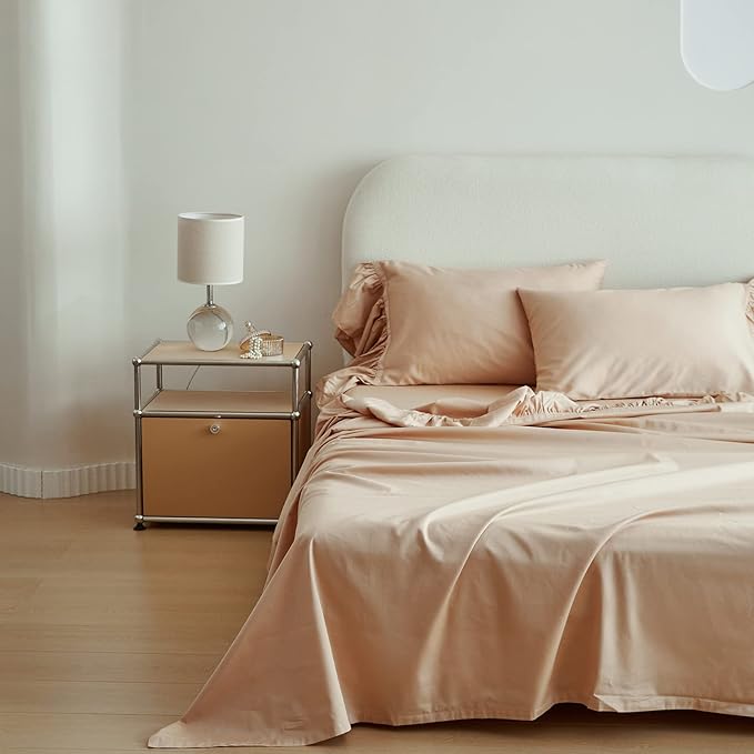 Simple&Opulence 100% Organic Cotton Sheet Set, Long Ruffle Bed Sheets (1 Flat Sheet, 1 Fitted Sheet and 2 Pillowcases) Elegant Shabby Chic Bedding Farmhouse Charming Vintage - Sand, Full