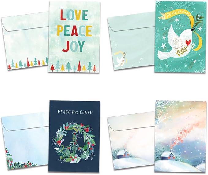 Tree-Free Greetings - Season's Greeting Cards - Artful Designs - 16 Assorted Cards + Matching Envelopes - Made in USA - 100% Recycled Paper - 5"x7" - Peace on Earth (GP60507)
