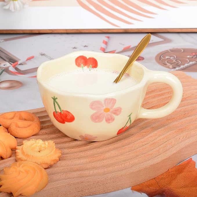 Cute Coffee Mug Gift for Women Ceramic Tea cup Kawaii mugs Handmade Creative Flower Pink mug with Spoon Aesthetic mugs for Cappuccino Milk Cocoa, 8.5 oz Cheery Mug for Mom Mother day (Pink)
