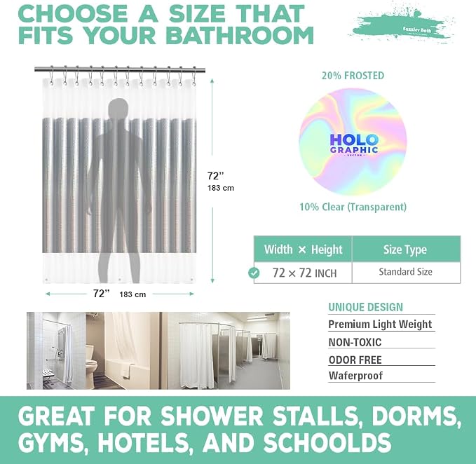 Holographic 3D EVA Shower Curtain Liner Cube, 72x72 Premium Clear Plastic Bathroom Shower Curtain with Rustproof Metal Grommets for Shower Stall, Bathtubs