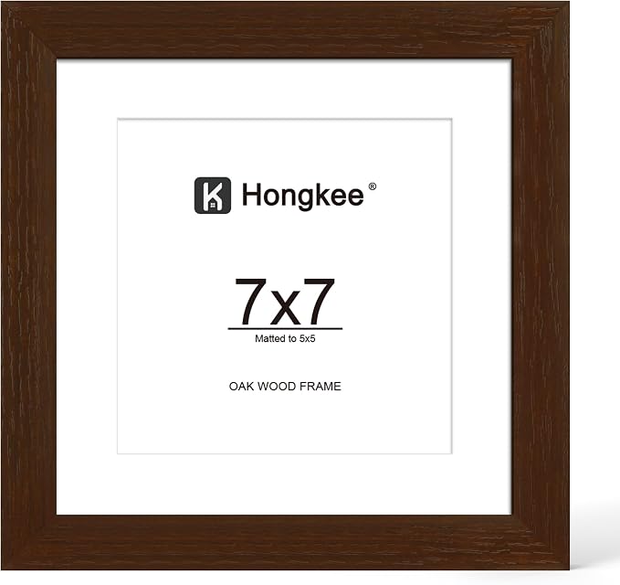 Hongkee 7x7 Oak Wood Picture Frame 1 Pack(Matted 5x5) with Real Glass Cover | Walnut, 7 x 7 Solid Wood Frame for Wall or Tabletop Display - Includes Easel Back, Vertical Hang - Ideal for Home, Office