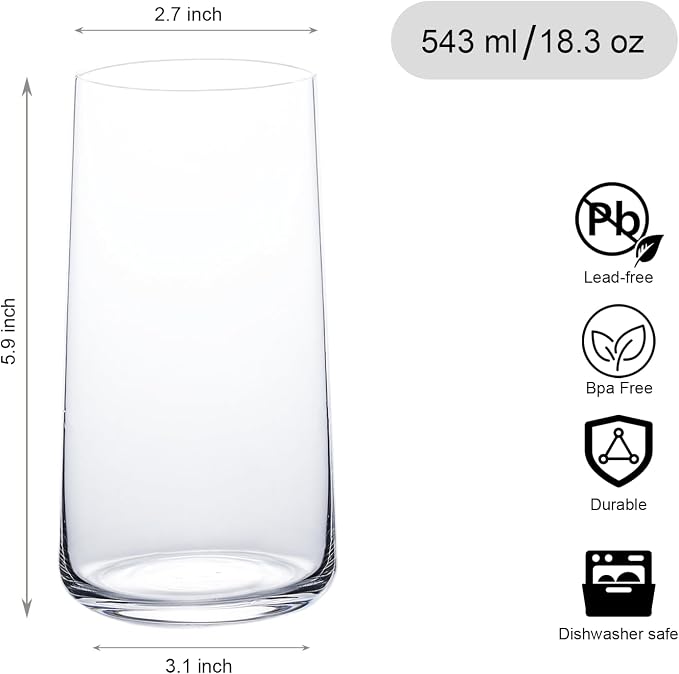 Wlasss Water Glasses Set of 6, 18.3oz Large Drinking Glasses, Clear Crystal Lightweight Glass cups, Glassware Set for Juice,Iced Tea,Mojito,kitchen and bar,Gifts for Christmas