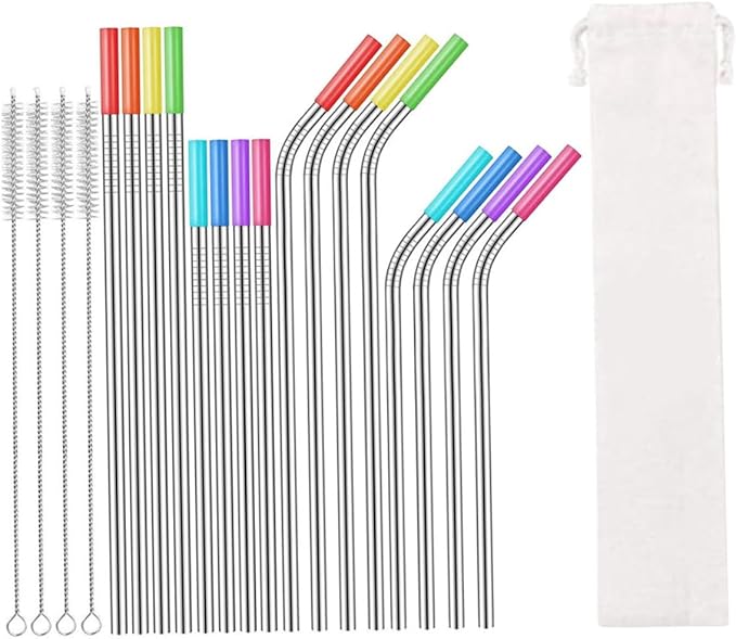 37pcs Stainless Steel Reusable Straws Set with Cleaning Brush and Carrying Bag for Party Drinks and Birthday Supplies