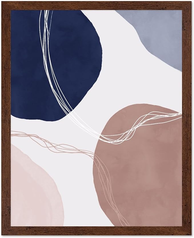 Monem Art Abstract Organic Shapes Print - Scandinavian Blue Geometric Poster - Wall Decor for Living Room, Bedroom or Office - 8x10 Brown Framed Wall Art by Mareike Bohmer