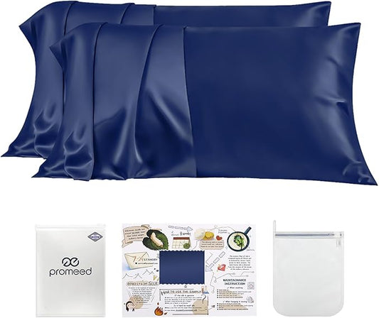 PROMEED 23 Momme Silk Pillowcases 2pcs Set, Mulberry Silk Pillow Case Set of 2, Ultra Soft Silk Pillowcase for Hair and Skin (Queen 20"x30", Navy)