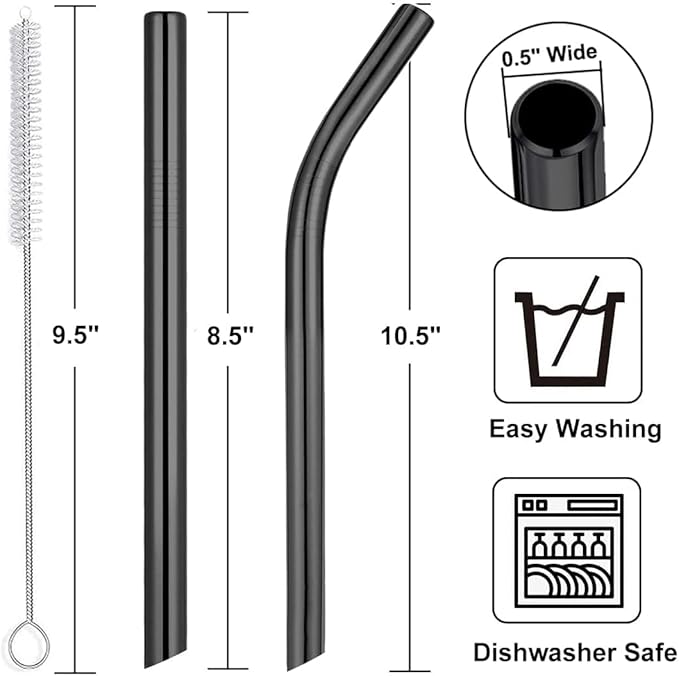 Vinaco Smoothie Straws Reusable & Milkshake Straws 0.5" Diam Wide Mouth Straw, Set of 6 Stainless Steel Straws 10.5" & 8.5" with 1 Long Straw Cleaner Brush，Black Metal Straws for Jumbo Thick Drinks
