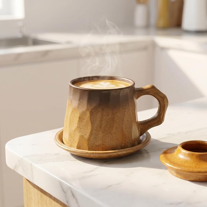 Vintage Faceted Speckled Ceramic Coffee Mug with Saucer, Rustic Stoneware Cup for Tea Latte (YF-CS01)