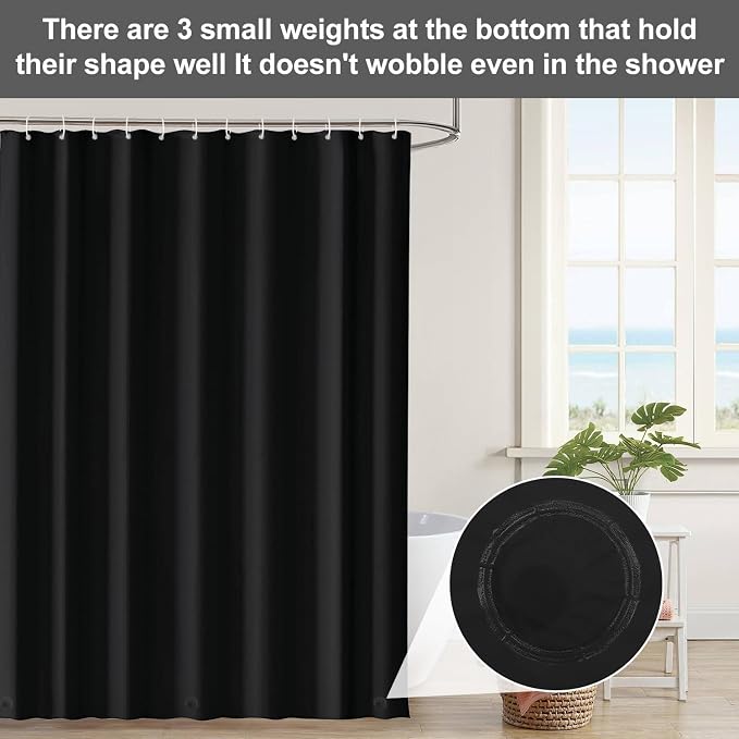 timecity Black Shower Curtain Liner Plastic Bath Curtain with 3 Magnets Thickened Water Proof Quick Drying Shower Curtain Set with 12 White Hooks Shower Liner for Bathroom Shower,71x71inch