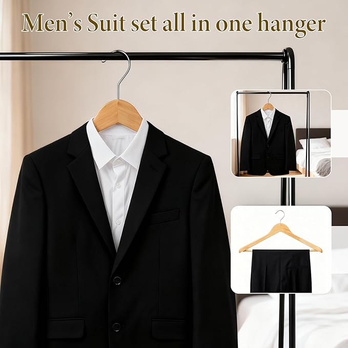10 Pack Wooden Hangers, Heavy Duty Wide Shoulder Hangers with Non Slip Pants Holder, Solid Wood Jacket Clothes-Hangers with 360 Swivel Hook and Strong Pant Bar for Sweater, Pants, Coats(Natural)