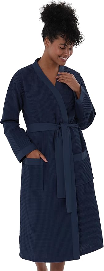 SEYANTE Women's Organic Cotton Waffle Kimono, Hooded Robe – GOTS Certified Lightweight Full-Length Spa Bathrobe with Piping