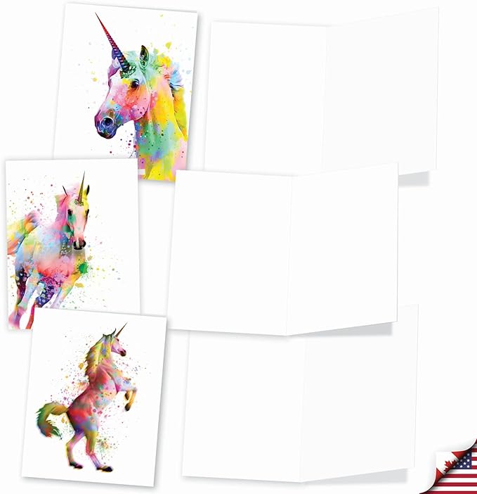 The Best Card Company Assorted Watercolor Animal Blank Greeting Card Box Set - Incl. 10 Unique Notecards Designs + Envelopes, Thank You, Invitations, More - Funky Rainbow Unicorns AM6748OCB-B1x10